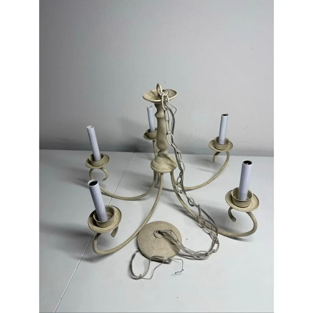 Vintage 5-Light Chandelier Candle Style Distressed Cream Finish Metal Farmhouse
